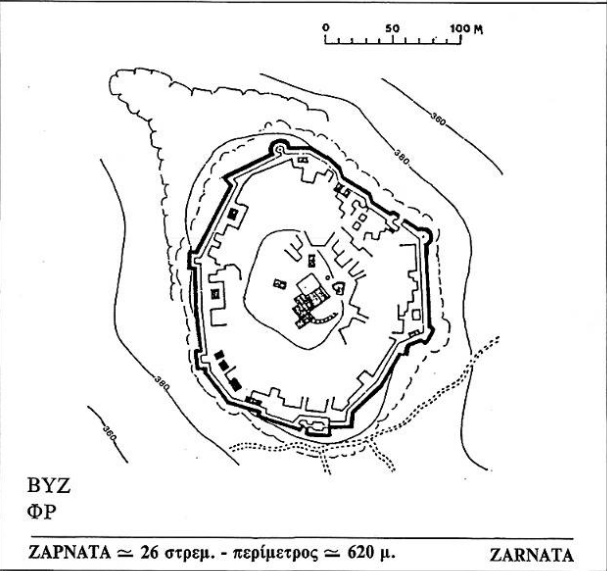 Plan de la forteresse franque de Zarnata : Yanis Saitas, “Social and Spatial Organization in the Peninsula of the Mani (Southern Peloponnese): Medieval, Post-Medieval and Modern Times,” dans Medieval and Post-Medieval Greece: The Corfu Papers, ed. J. Bintloff and H. Stoger, Oxford, BAR International Series, 2009, p. 140